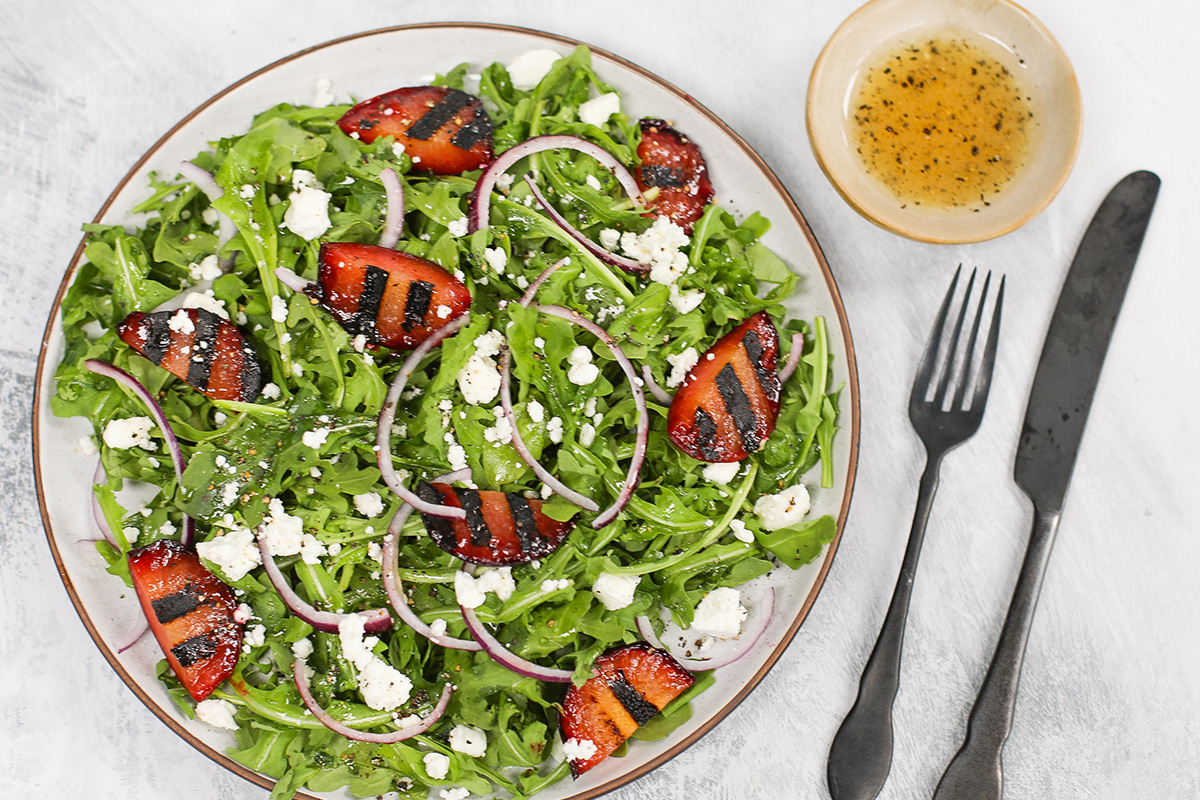 Grilled Plum & Goat Cheese Salad with Honey Lemon Dressing - South African Plums